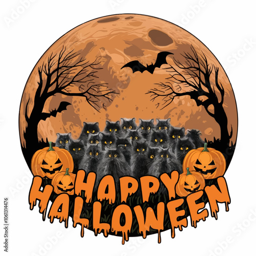 funny halloween vector illustration black cats with orange moon and pumpkins photo