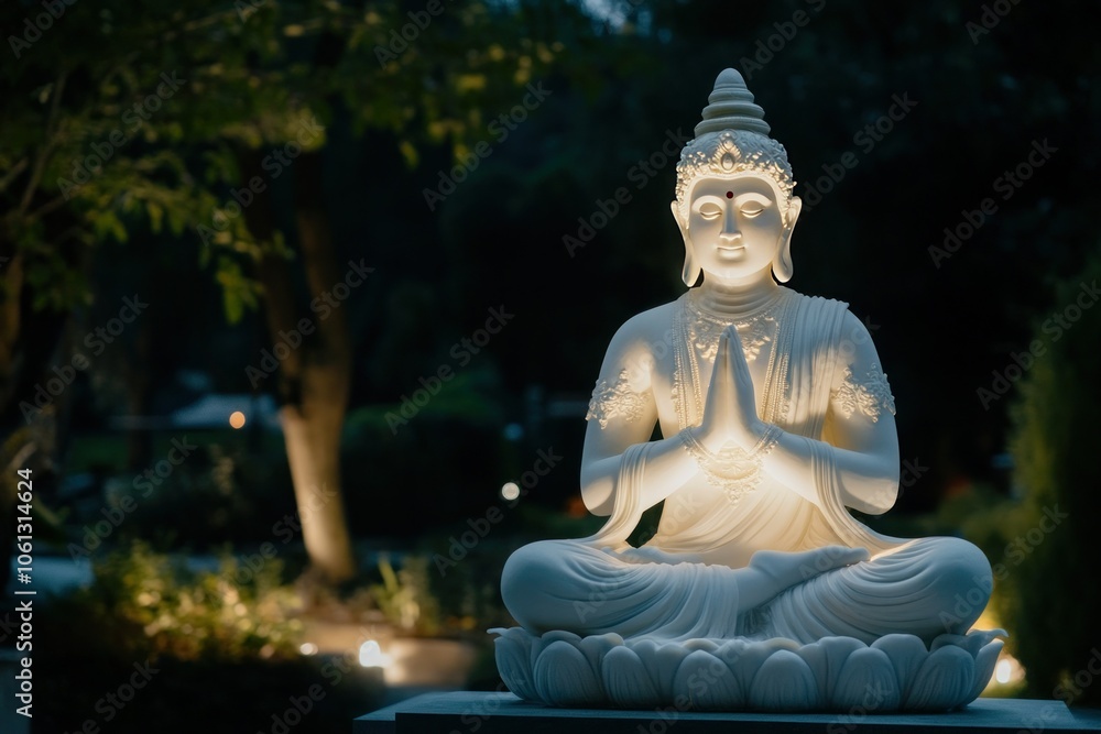 Obraz premium Serene White Buddha Statue in Tranquil Garden Setting