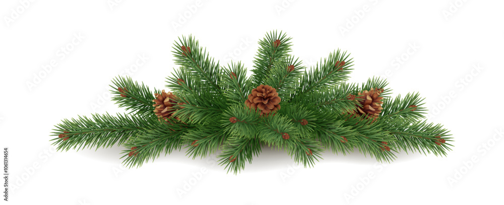 Festive garland with pinecones and spruce branches realistic vector icon. Craft ornament for winter holidays 3d object illustration on white Festive garland with pinecones and spruce branches realistic vector icon. Craft ornament for winter holidays 3d object illustration on white