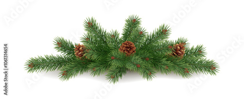 Festive garland with pinecones and spruce branches realistic vector icon. Craft ornament for winter holidays 3d object illustration on white