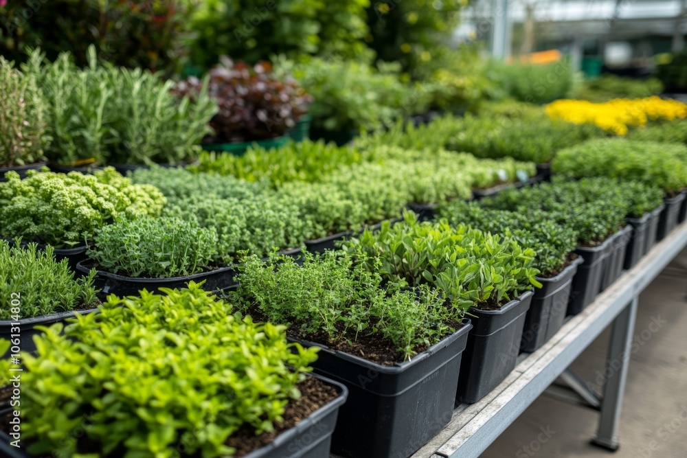 Green Herbs Growing in Pots at a Garden Center Green Herbs Growing in Pots at a Garden Center