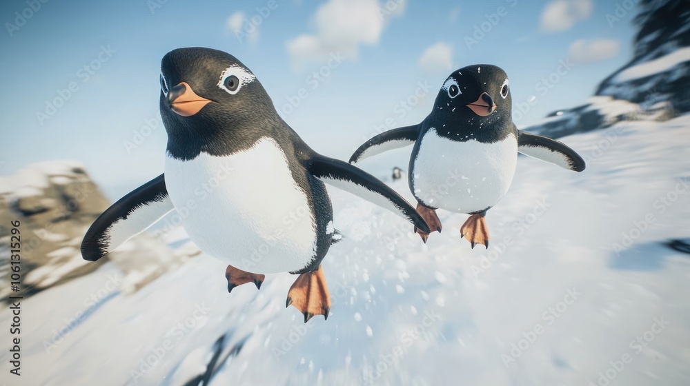 Obraz premium Two penguins waddle on snowy ground in a snowy landscape.