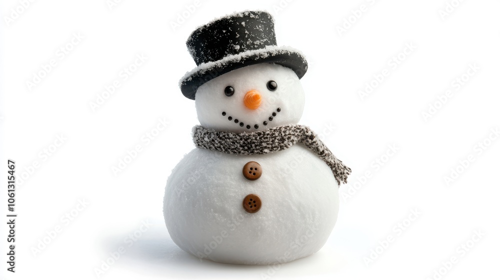 An isolated snowman with a top hat, carrot nose, and button eyes, representing joyful winter fun, on a stark white background. An isolated snowman with a top hat, carrot nose, and button eyes, representing joyful winter fun, on a stark white background.