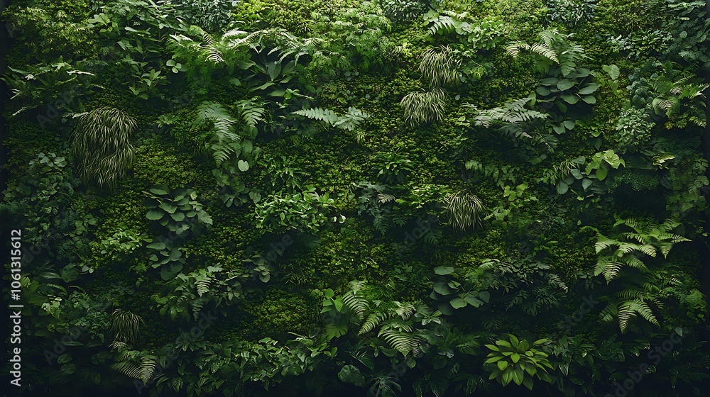 Obraz premium Living wall of lush moss and shade-loving plants, minimal ambient light enhancing deep, natural greens, tranquil and refreshing indoor atmosphere, highly realistic textures, HD quality. --ar 16:9
