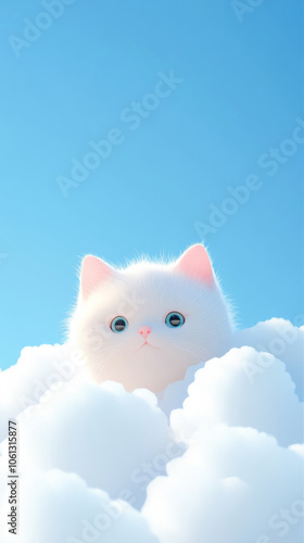 3D cute kitty cat fluffy white clouds shape blue sky cloudscape adorable pet animal fashion healing wallpaper background with copy space