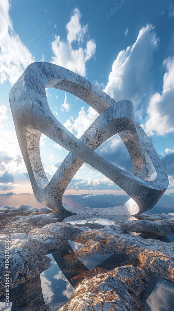 Fototapeta premium stunning abstract sculpture stands majestically on rocky landscape, reflecting skys beauty. intricate design and serene environment evoke sense of wonder and tranquility