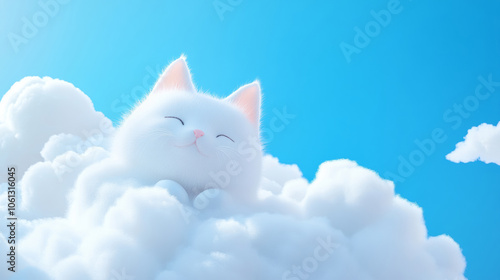 3D cute kitty cat fluffy white clouds shape blue sky cloudscape adorable pet animal fashion healing wallpaper background with copy space