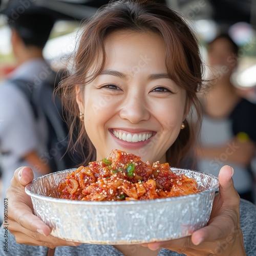 Smiling Korean Woman Enjoying Tasty Food Close-Up photo