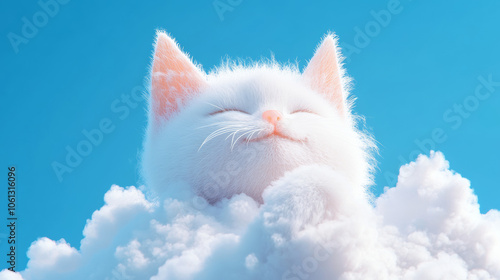 3D cute kitty cat fluffy white clouds shape blue sky cloudscape adorable pet animal fashion healing wallpaper background with copy space