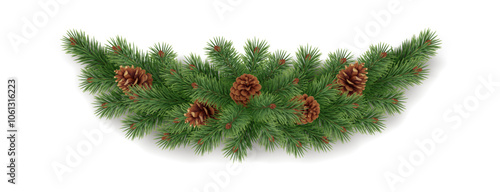 Conifer tree branches garland with pinecones realistic vector icon. Traditional Christmas ornament 3d object illustration on white background