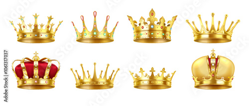 Luxury golden crowns with gemstones realistic vector illustration set. Collection of royal jewelry for kings and queens 3d models on white