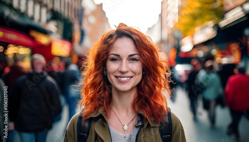 Smiling Woman in Busy Urban Street Portrait