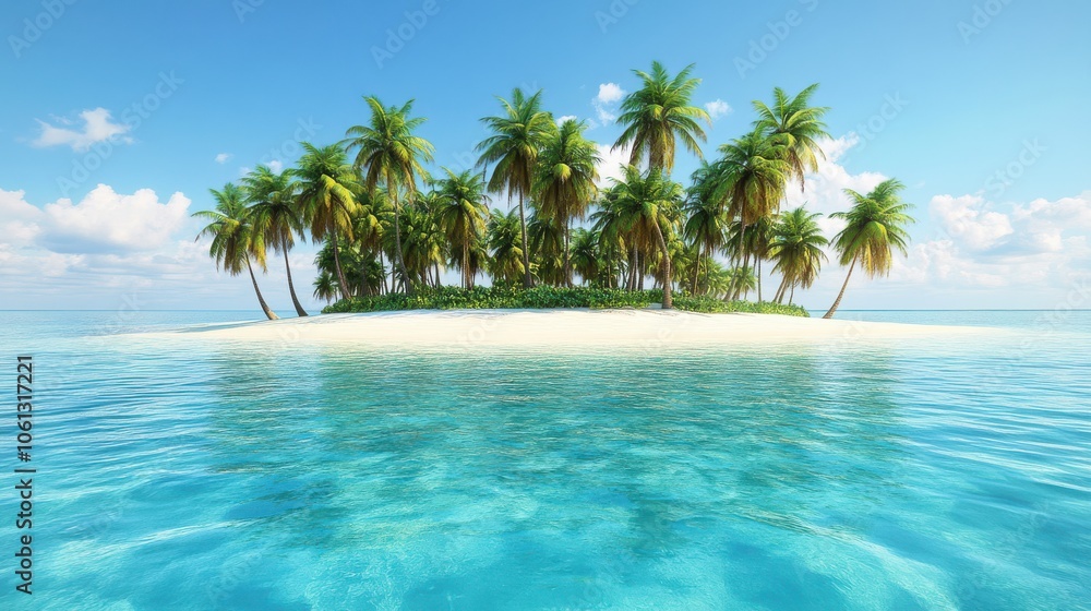 A tropical island with palm trees, surrounded by crystal-clear waters, symbolizing a dream beach getaway, isolated on a clean white background. A tropical island with palm trees, surrounded by crystal-clear waters, symbolizing a dream beach getaway, isolated on a clean white background.