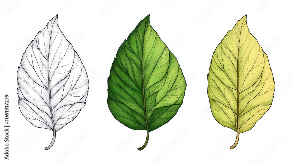 Fototapeta premium A tutorial showing how to draw a tree leaf, from basic outline to final shading, educational line drawing isolated on a clean white background.