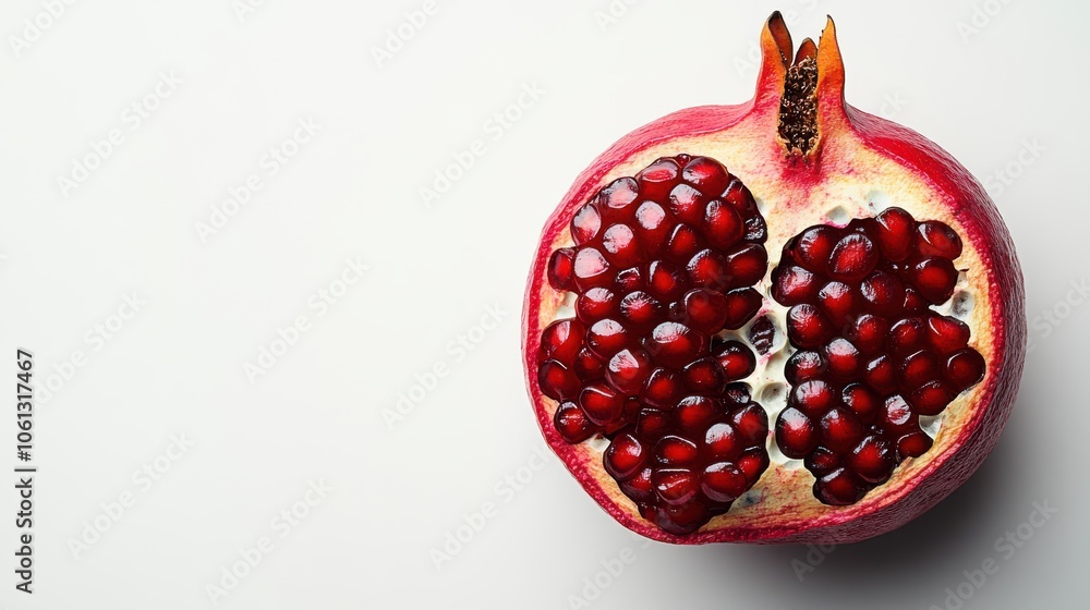 A vibrant pomegranate opened to reveal seeds, symbolizing prosperity and blessings for the New Year, isolated on a clean white background. A vibrant pomegranate opened to reveal seeds, symbolizing prosperity and blessings for the New Year, isolated on a clean white background.