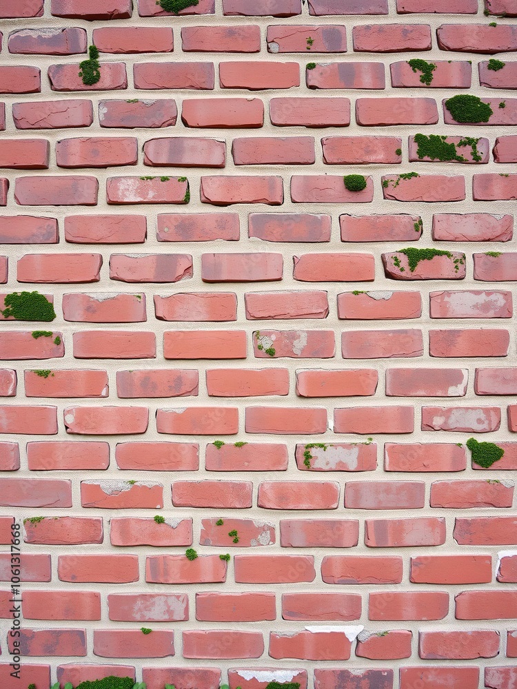 Obraz premium Weathered red brick wall with patches of moss and crumbling mortar, weathered, texture, old-fashioned