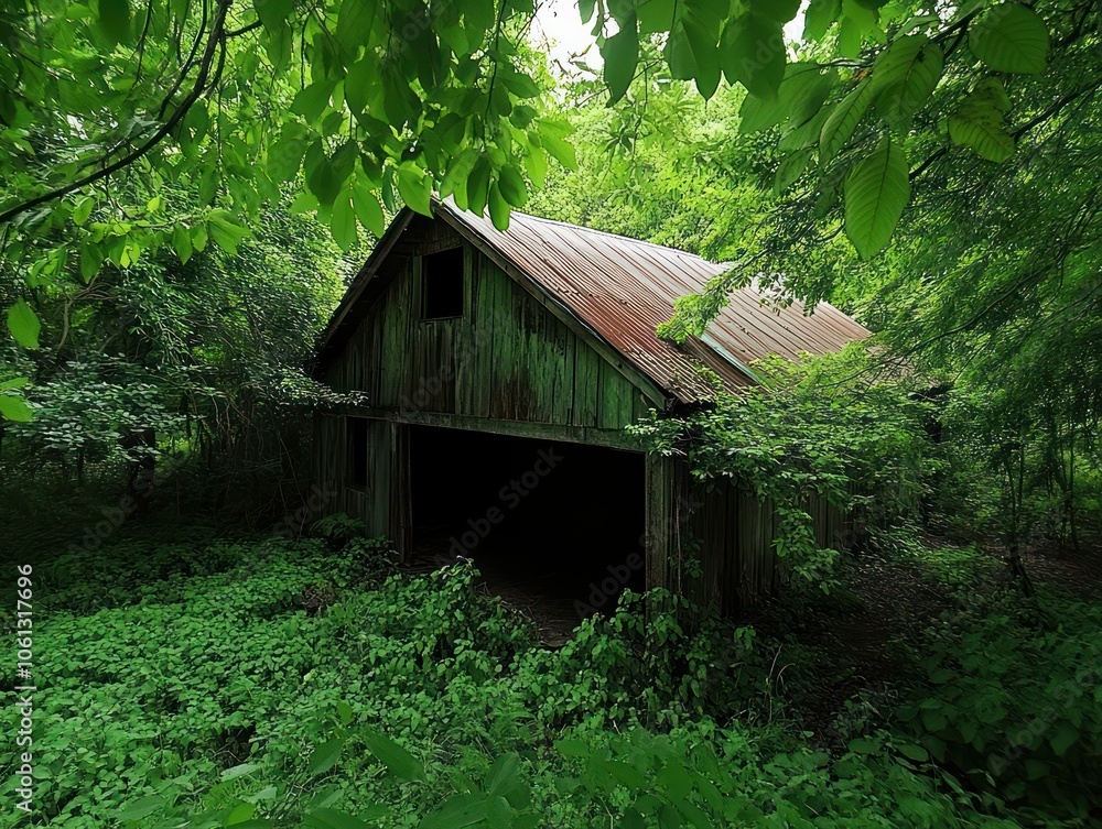 An old, weathered barn surrounded by lush greenery and overgrown vegetation. An old, weathered barn surrounded by lush greenery and overgrown vegetation.