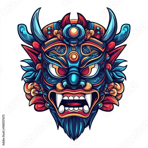 Flat style illustration of a colorful mask, with intricate lines and bold colors, isolated on white background.