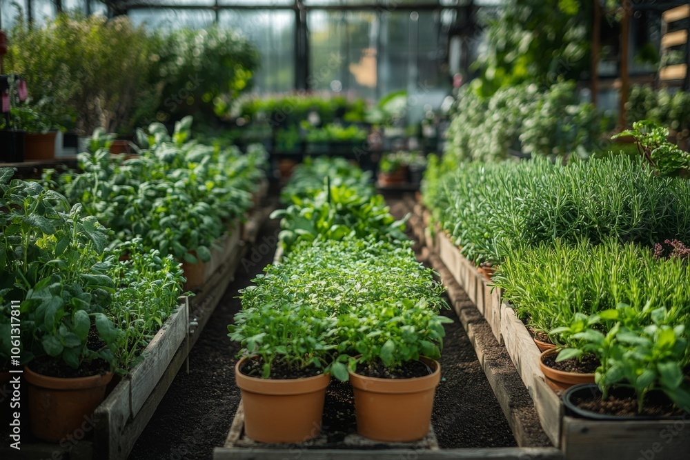 Green Plants in Terracotta Pots in a Greenhouse Green Plants in Terracotta Pots in a Greenhouse