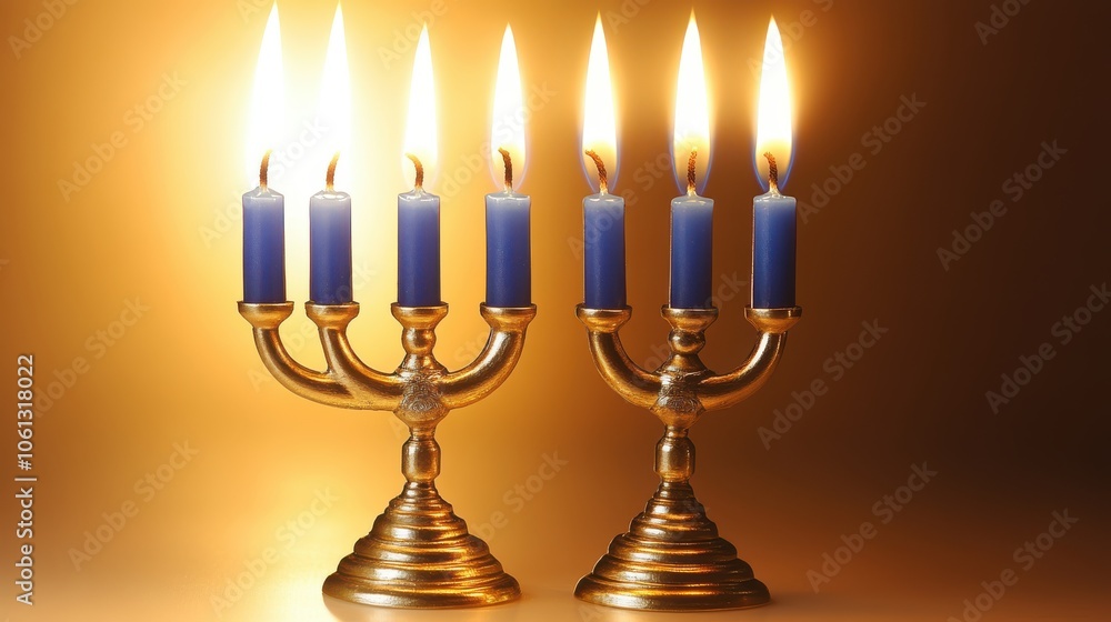 A pair of menorah candles glowing, symbolizing Hanukkah, isolated on a clean white background. A pair of menorah candles glowing, symbolizing Hanukkah, isolated on a clean white background.