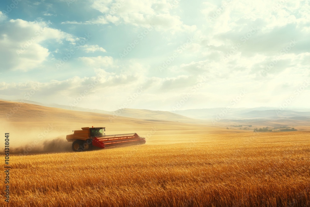 Combine Harvester Harvesting Wheat Field in Rural Landscape Combine Harvester Harvesting Wheat Field in Rural Landscape