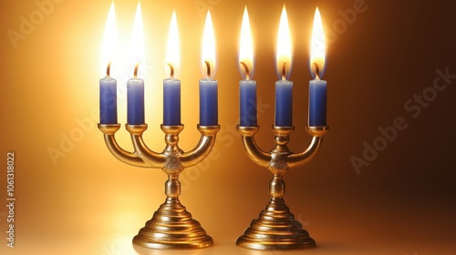 A pair of menorah candles glowing, symbolizing Hanukkah, isolated on a clean white background. photo