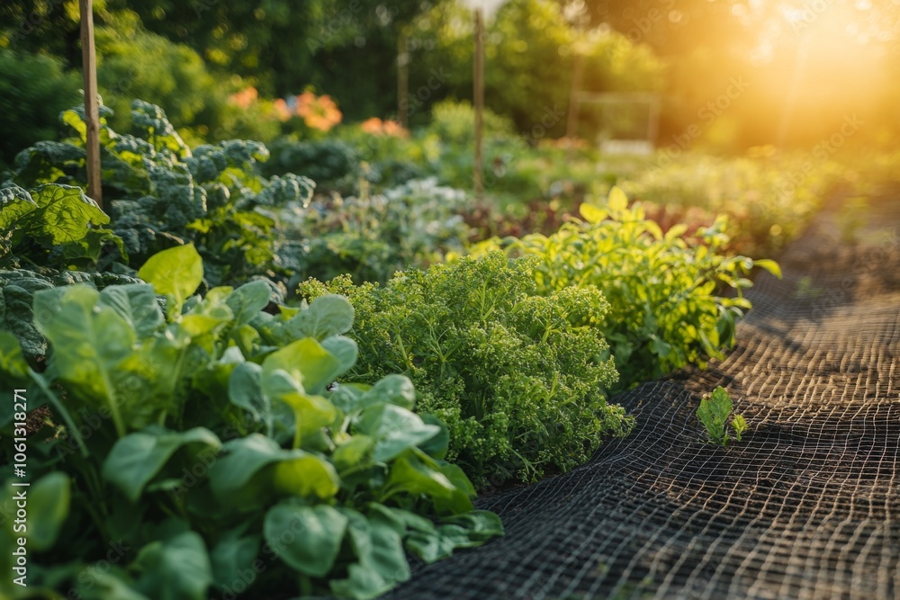 Organic Vegetable Garden with Wire Mesh Netting in Sunlight Organic Vegetable Garden with Wire Mesh Netting in Sunlight