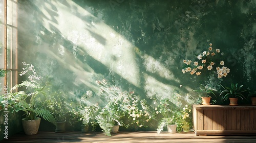 Nature-inspired green wall with ferns and blossoms in a rustic room, soft warm light enhancing cozy textures, reclaimed wood accents, highly detailed, HD quality. --ar 16:9