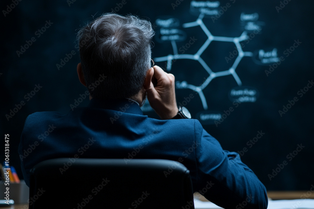 A boardroom meeting where a leader stands in front of a complex flowchart on a digital screen. A boardroom meeting where a leader stands in front of a complex flowchart on a digital screen.