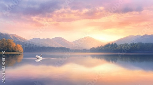 Wallpaper Mural A single swan swims on a tranquil lake at sunrise, with misty mountains in the background. Torontodigital.ca
