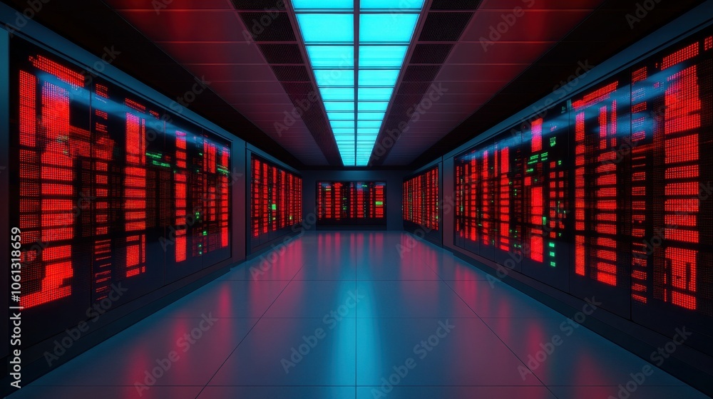Obraz premium An AIpowered financial trading floor with glowing data streams and automated systems, symbolizing AI in finance