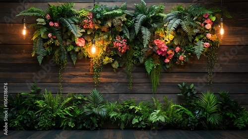 Rustic-style indoor living wall with dense ferns and bright blossoms, set against reclaimed wood, warm lighting enhancing cozy ambiance, high clarity and realistic textures. --ar 16:9