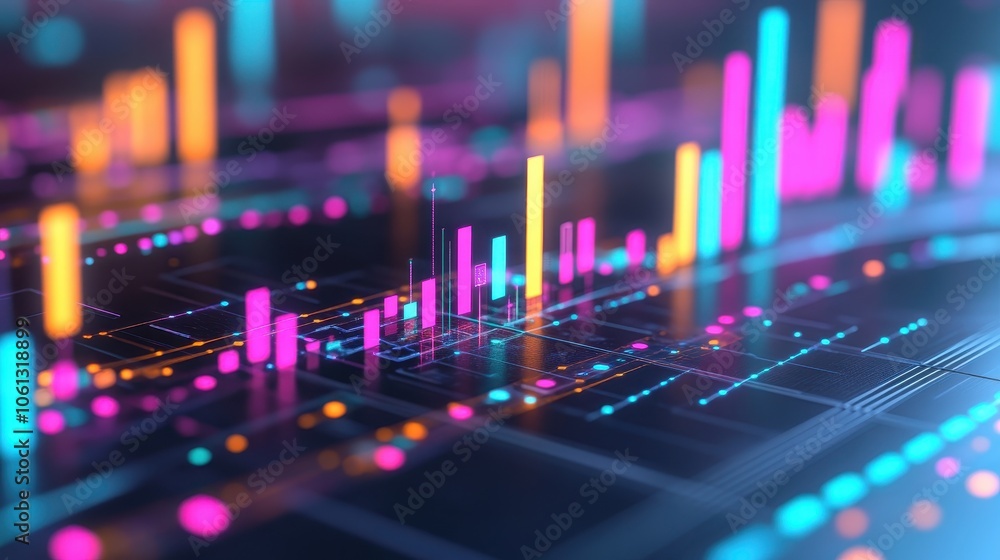 Predictive data analysis, glowing trend lines and graphs, 3D illustration Predictive data analysis, glowing trend lines and graphs, 3D illustration