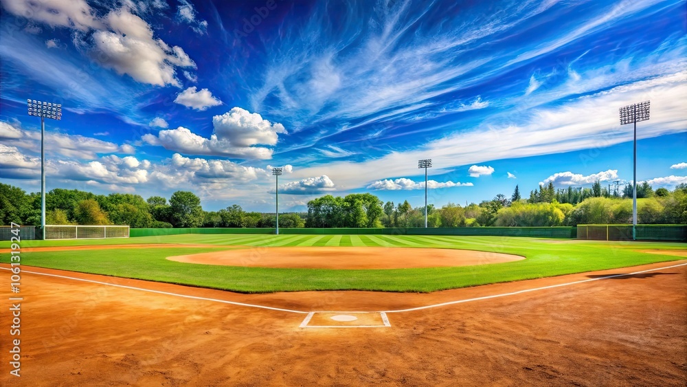 Vibrant baseball field under a blue sky , sports, baseball, outdoors, grass, green, stadium, sunny, summer Vibrant baseball field under a blue sky , sports, baseball, outdoors, grass, green, stadium, sunny, summer