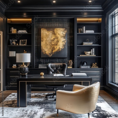 Cozy modern home office with a black and gold color palette, plush seating, sleek furniture, and subtle decorative accents for a sophisticated look photo