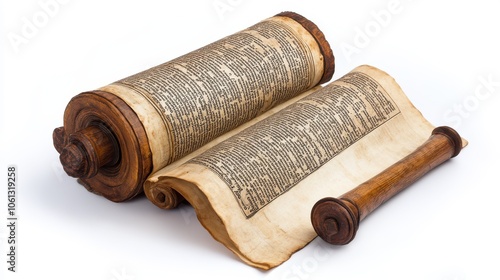 A scroll of the Torah opened with a yad (pointer) beside it, symbolizing Simchat Torah, isolated on a clean white background. photo