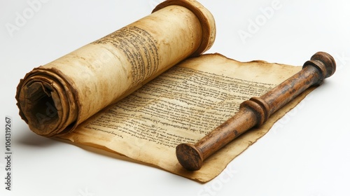 A scroll of the Torah opened with a yad (pointer) beside it, symbolizing Simchat Torah, isolated on a clean white background.