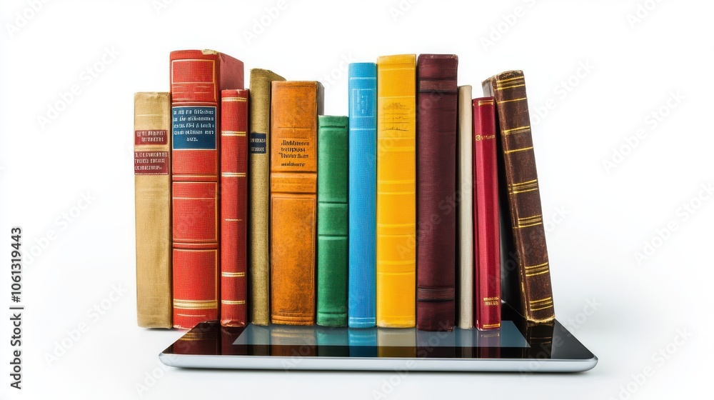 Naklejka premium A set of digital textbooks on a tablet screen, offering subjects like math, science, and history, illustrating education technology, isolated on a clean white background.