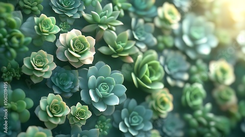 Succulent living wall with a blend of rosettes and cacti in shades of green and pastel, arranged in a clean, modern style, low-maintenance, soft ambient light, hyper-realistic, HD quality. --ar 16:9