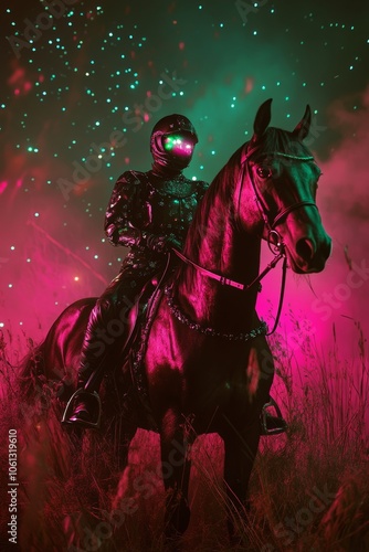 Stunning studio portraits of alien riding a horse under starry night with pink and green lighting