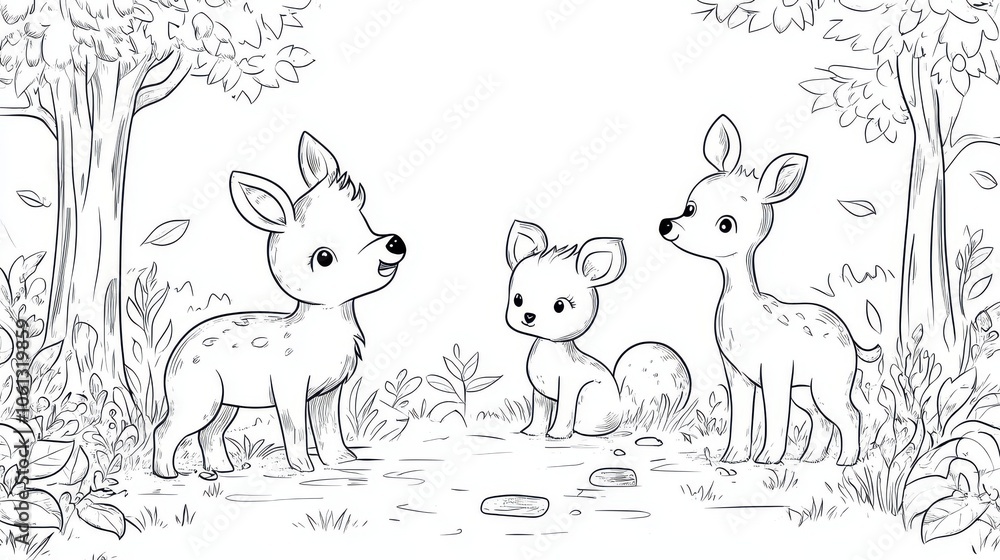 Obraz premium A simple black line drawing of animals in a forest scene, designed for children's book illustration, set against a clean white background.