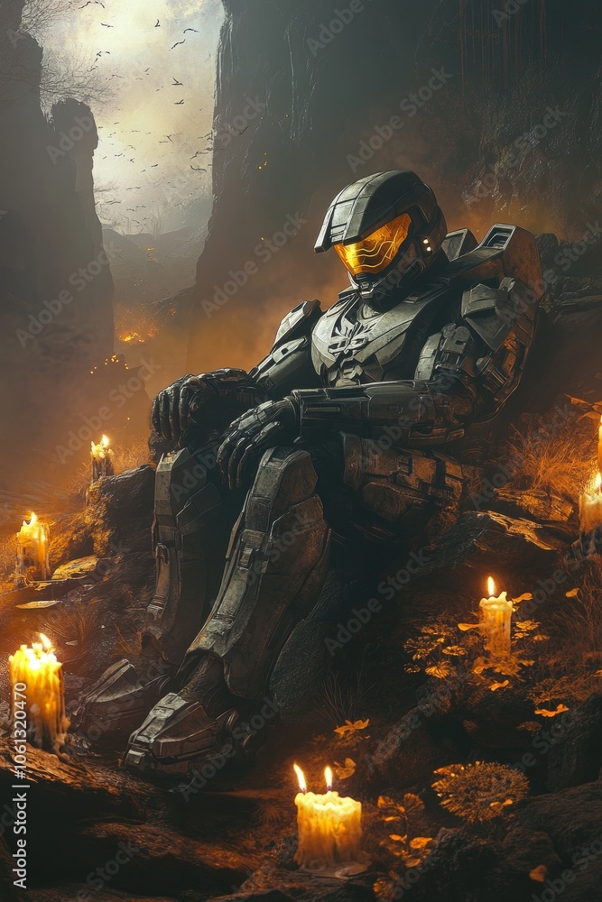 Master chief as a living dead in foggy space ruins with candles in day of the dead art style Master chief as a living dead in foggy space ruins with candles in day of the dead art style