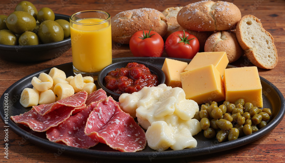 Breakfast tray with cheese cubes, salami, bread, and fresh juice Breakfast tray with cheese cubes, salami, bread, and fresh juice