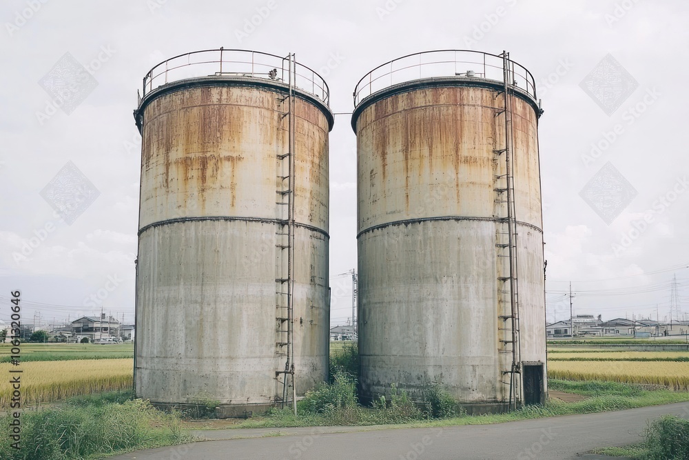 Two weathered industrial silos stand amidst a green landscape under a cloudy sky. Two weathered industrial silos stand amidst a green landscape under a cloudy sky.