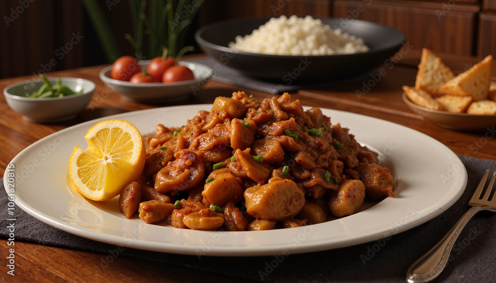 Spicy rice with chicken and mushrooms garnished with lemon slice Spicy rice with chicken and mushrooms garnished with lemon slice