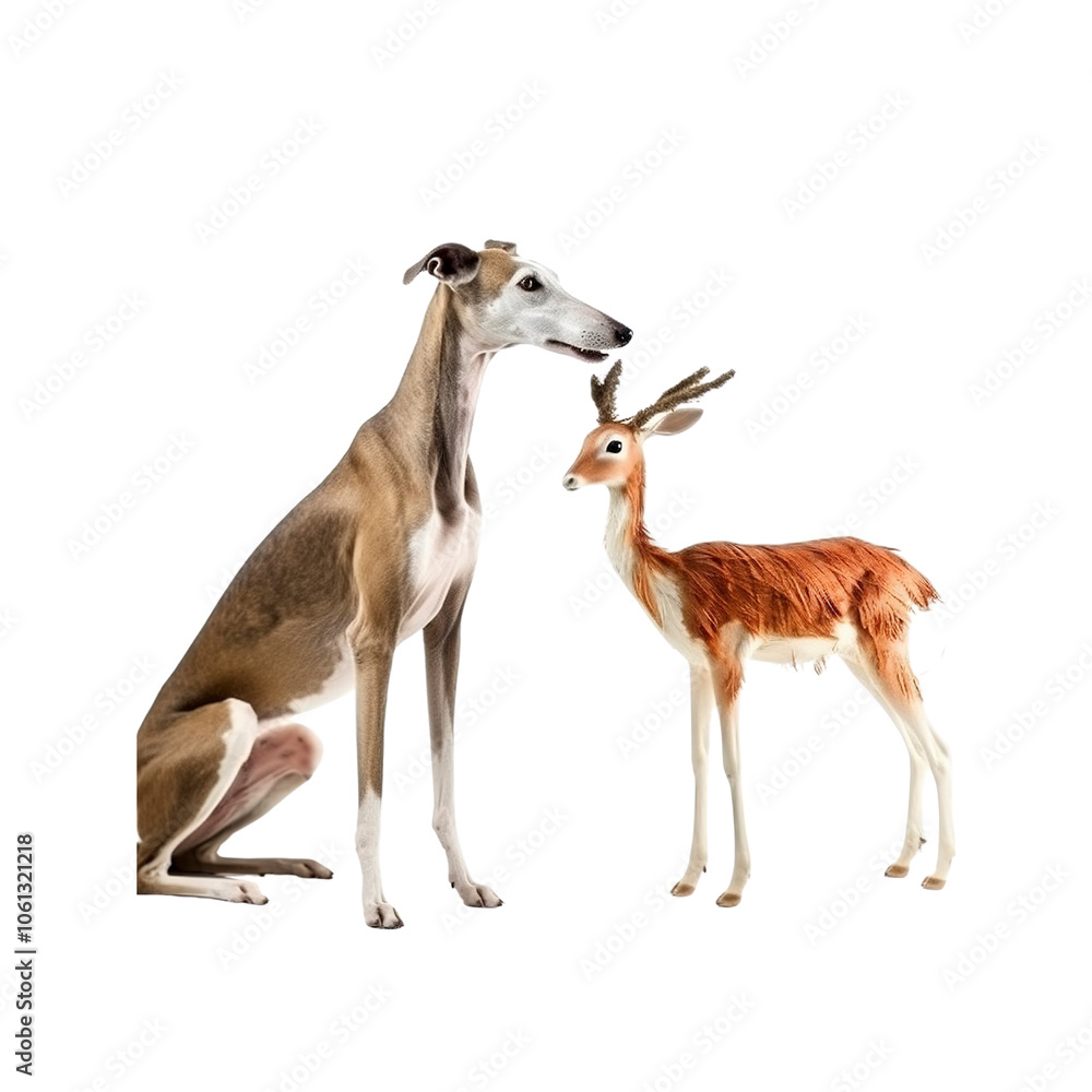 Greyhound and Fawn Deer Looking at Each Other Greyhound and Fawn Deer Looking at Each Other