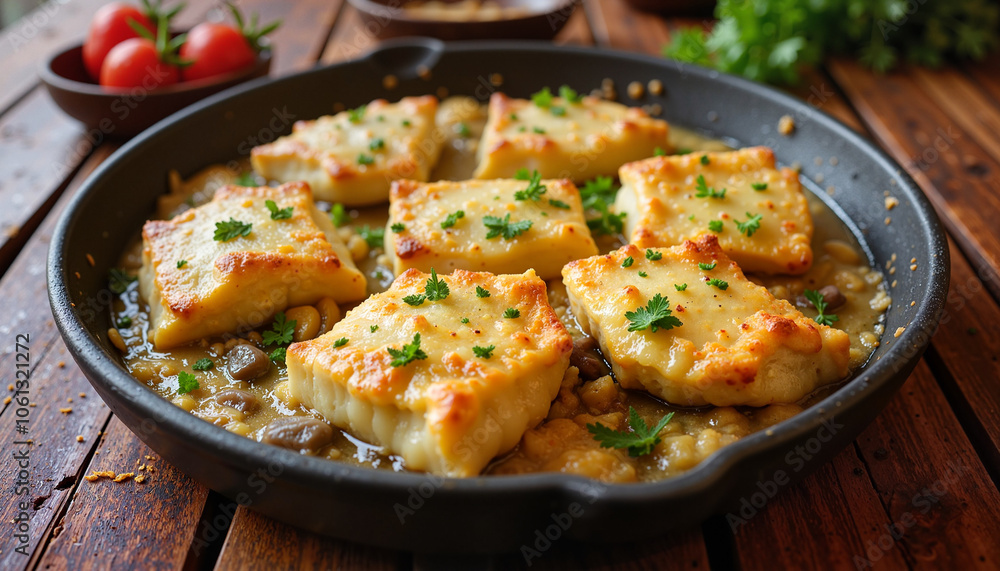 Baked cheese-topped dumplings in a savory sauce in a skillet Baked cheese-topped dumplings in a savory sauce in a skillet