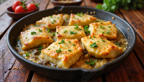 Baked cheese-topped dumplings in a savory sauce in a skillet