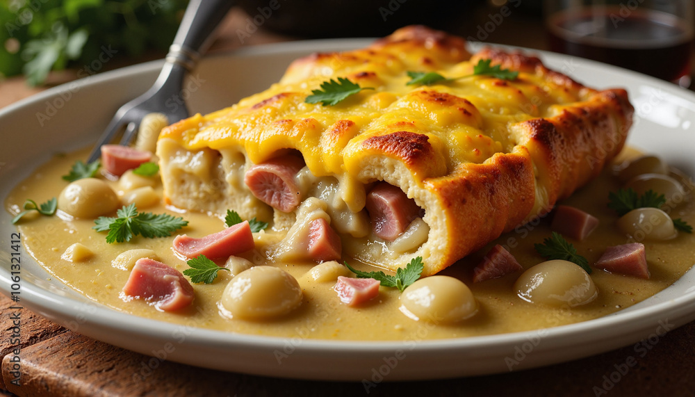 Baked ham and cheese-filled pasta with melted cheese and creamy sauce