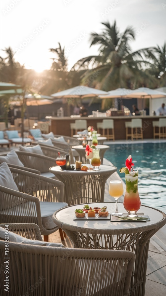 Obraz premium Luxurious resort poolside bar lounge serving colorful tropical cocktails and appetizers during the relaxed golden hour sunset.